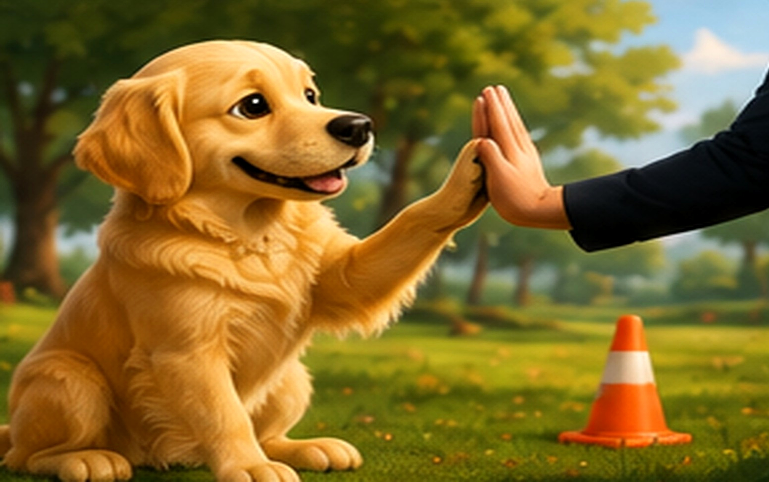 Pet parent training a dog outdoors